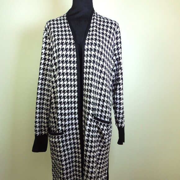 CHICO'S SZ 2 Open Front Cardigan Black White Houndstooth Sweater - Picture 1 of 7